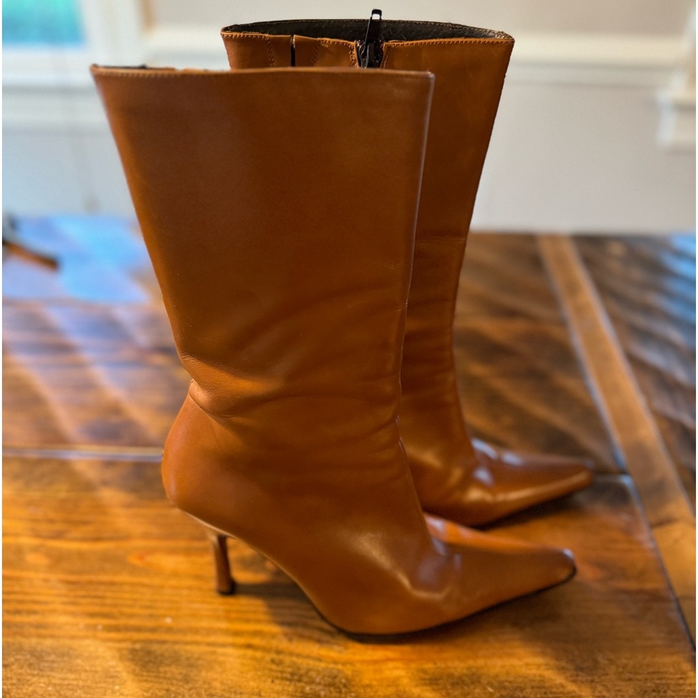 Charles David vintage leather pointed toe heeled neutral brown zip calf boot S 7